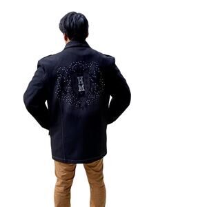 Hama 2XL Black Men wool trench coat jacket silver 1973